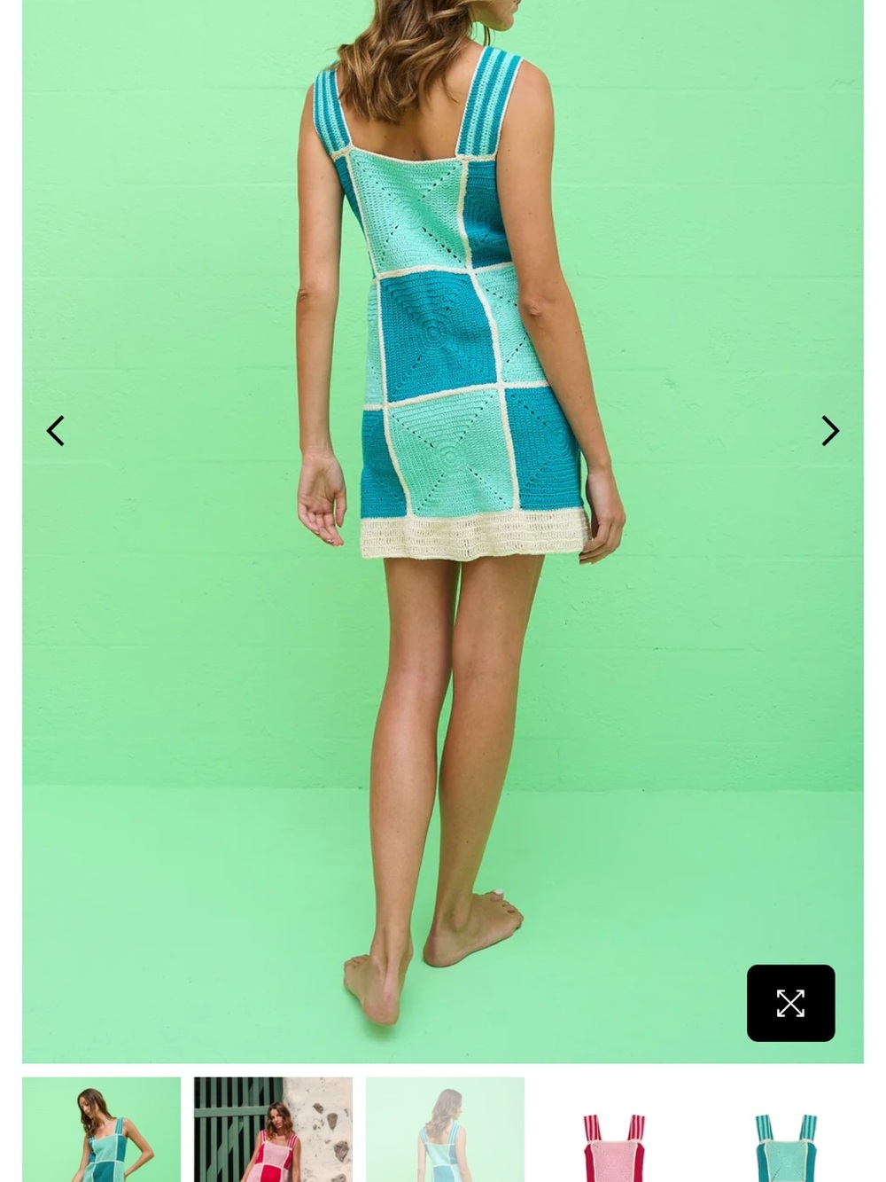 Pitusa Crochet Checkered Patchwork Mini Dress in Teal & Mint